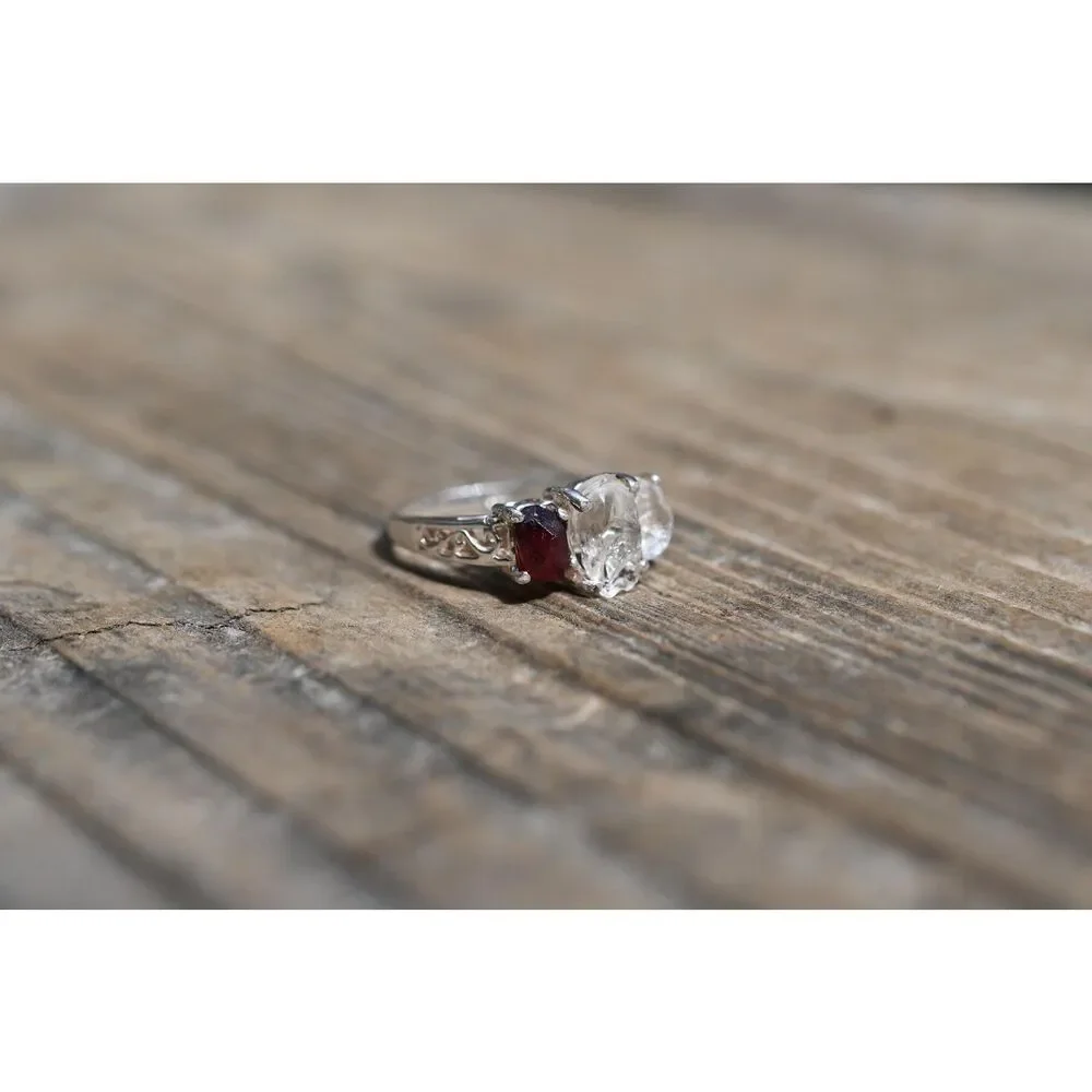 Raw Garnet and Lake county diamond Engagement Ring